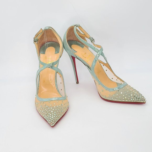 Christian Louboutin Pumps Strass Twistissima 85 Teal Blue Crystal Mesh Heels 38 - Picture 5 of 8
